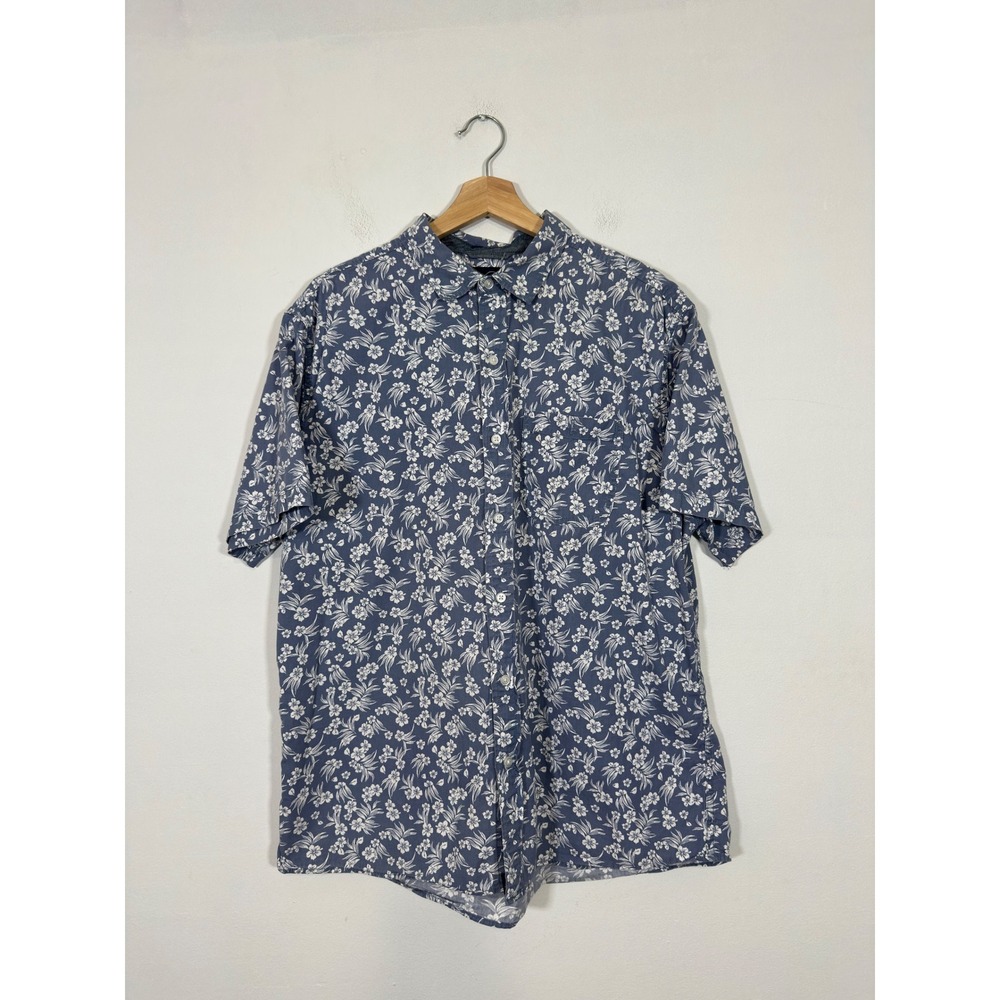 Even Tide Mens  Floral Short Sleeve Cotton Button Down Shirt Size XL Blue Casual
